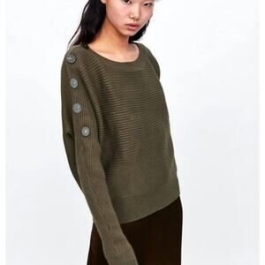 Zara Knit Olive Green Ribbed Chunky Boxy Sweater Size Medium